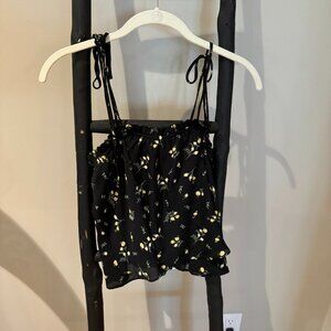 Aqua Black and Yellow Flowered Camisole with Tie-up Straps